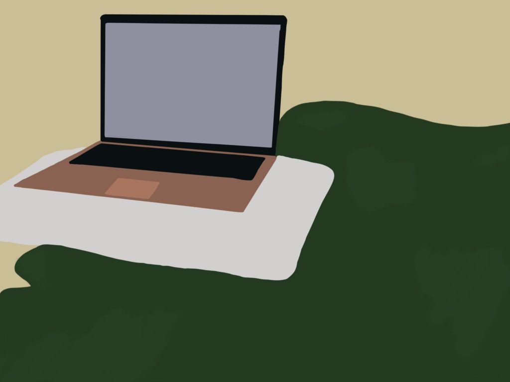 Open laptop on a green blanket